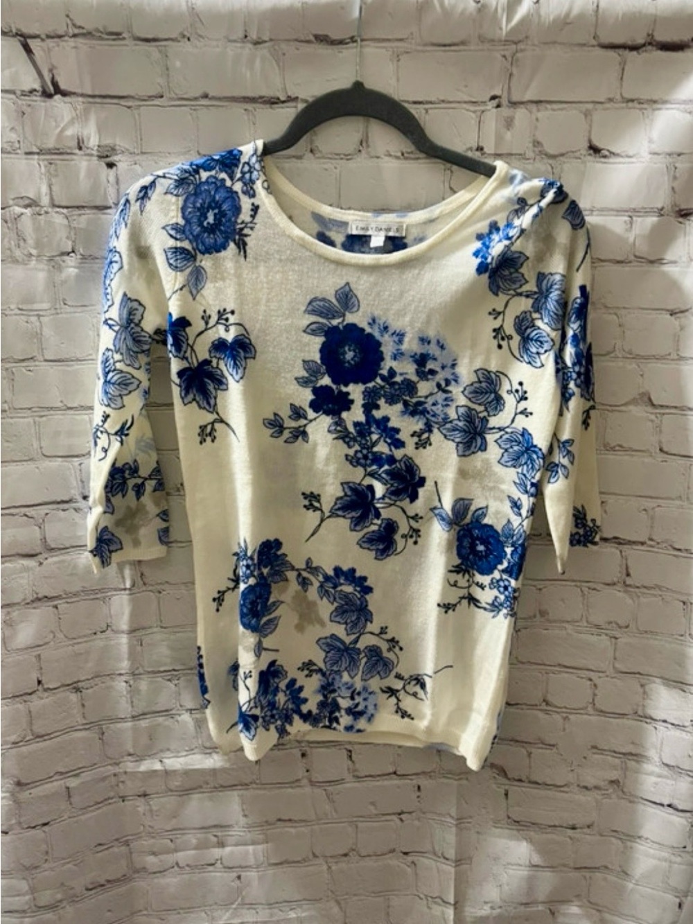 Cream Knit Pullover with Blue Floral Print
